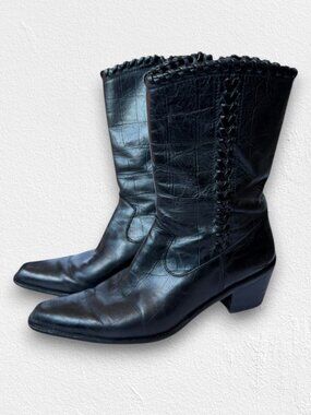 Stuart Weitzman Black Leather Braided Reptile Pointed Toe Western Boot